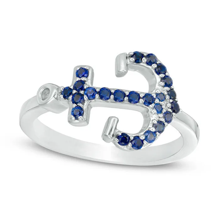LabCreated Blue Sapphire Sideways Anchor Ring in Sterling Silver Goldia Rings LabCreated Blue Sapphire Sideways Anchor Ring in Sterling Silver Goldia Rings