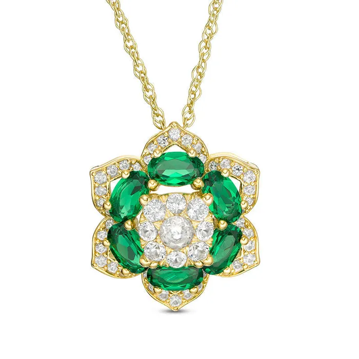 LabCreated Emerald and White Sapphire Flower Frame Pendant in Sterling Silver with 14K Gold Plate Goldia Necklaces LabCreated Emerald and White Sapphire Flower Frame Pendant in Sterling Silver with 14K Gold Plate Goldia Necklaces