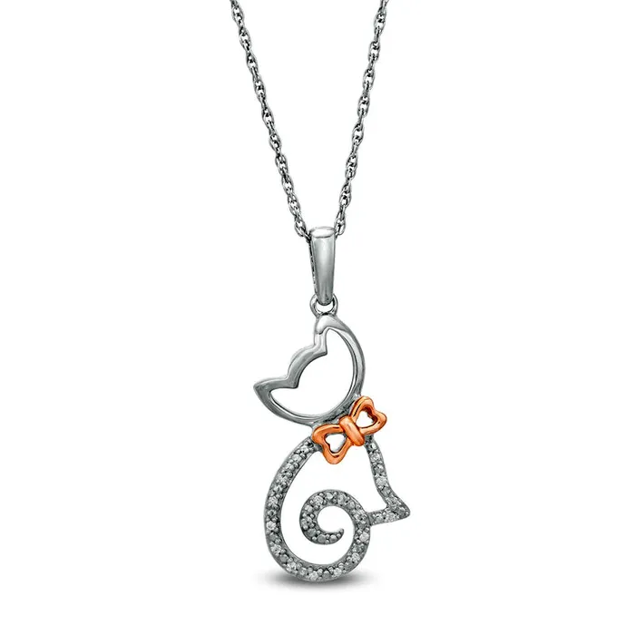 Necklaces 005 CT TW Natural Diamond Cat with Bow Pendant in Sterling Silver and 14K Rose Gold Goldia Necklaces 005 CT TW Natural Diamond Cat with Bow Pendant in Sterling Silver and 14K Rose Gold Goldia