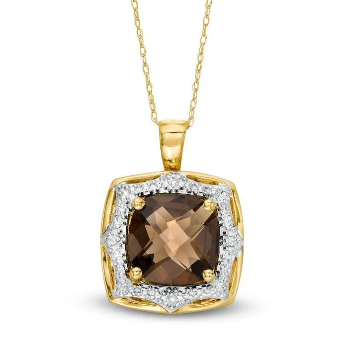 Necklaces 100mm CushionCut Smoky Quartz and Natural Diamond Accent Sun Frame Pendant in 10K Yellow Gold Goldia Necklaces 100mm CushionCut Smoky Quartz and Natural Diamond Accent Sun Frame Pendant in 10K Yellow Gold Goldia