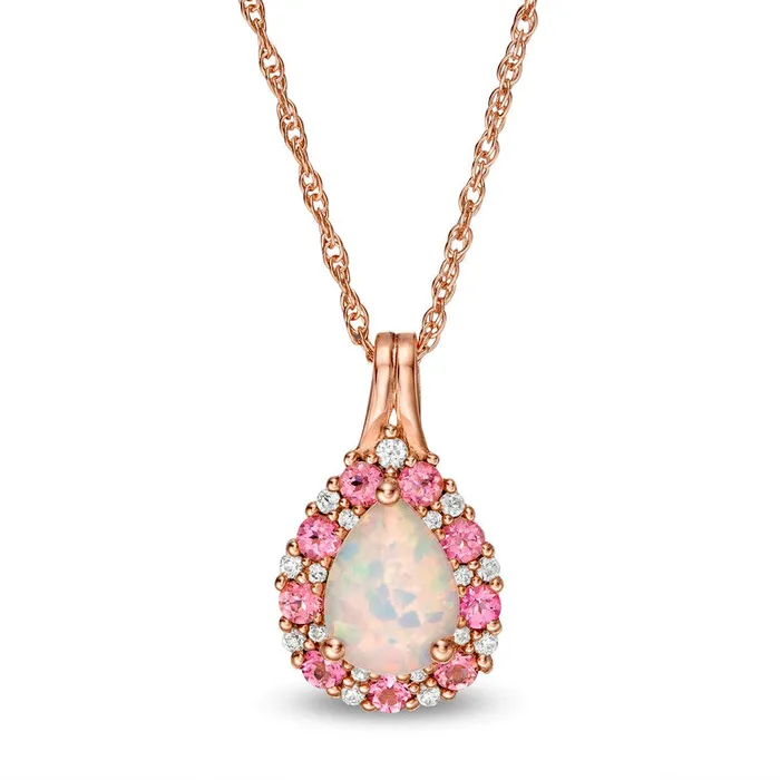 Necklaces PearShaped LabCreated Opal Pink and White Sapphire Frame Teardrop Pendant in Sterling Silver with 14K Rose Gold Plate Goldia Necklaces PearShaped LabCreated Opal Pink and White Sapphire Frame Teardrop Pendant in Sterling Silver with 14K Rose Gold Plate Goldia
