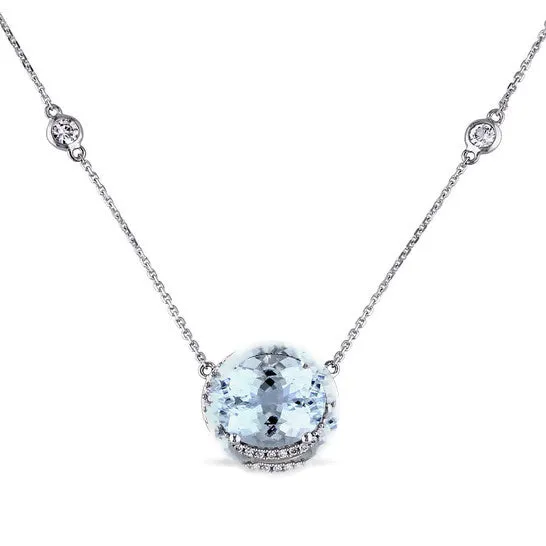 Original AMOUR 5 CT TGW Aquamarine and White Sapphire and 16 CT TW Diamond Halo Station Necklace In 14K White Gold JMS always Necklaces Original AMOUR 5 CT TGW Aquamarine and White Sapphire and 16 CT TW Diamond Halo Station Necklace In 14K White Gold JMS always Necklaces