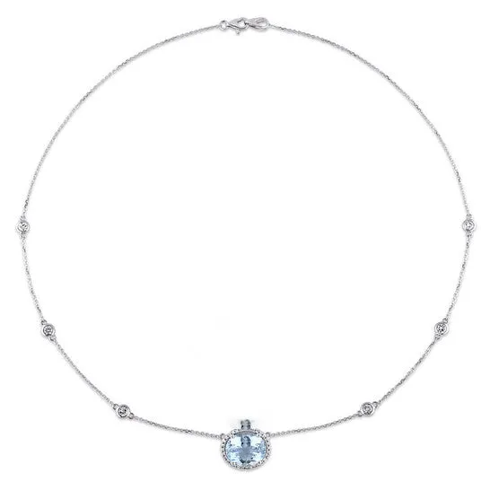 Original AMOUR 5 CT TGW Aquamarine and White Sapphire and 16 CT TW Diamond Halo Station Necklace In 14K White Gold JMS always Necklaces Original AMOUR 5 CT TGW Aquamarine and White Sapphire and 16 CT TW Diamond Halo Station Necklace In 14K White Gold JMS always Necklaces