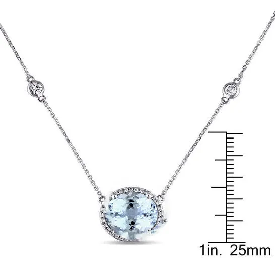 Original AMOUR 5 CT TGW Aquamarine and White Sapphire and 16 CT TW Diamond Halo Station Necklace In 14K White Gold JMS always Necklaces Original AMOUR 5 CT TGW Aquamarine and White Sapphire and 16 CT TW Diamond Halo Station Necklace In 14K White Gold JMS always Necklaces