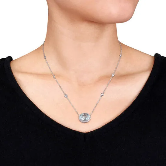 Original AMOUR 5 CT TGW Aquamarine and White Sapphire and 16 CT TW Diamond Halo Station Necklace In 14K White Gold JMS always Necklaces Original AMOUR 5 CT TGW Aquamarine and White Sapphire and 16 CT TW Diamond Halo Station Necklace In 14K White Gold JMS always Necklaces