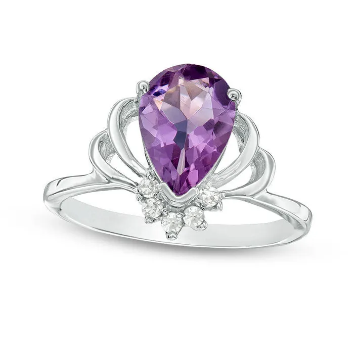 PearShaped Amethyst and 007 CT TW Natural Diamond Crown Ring in Sterling Silver Goldia Rings PearShaped Amethyst and 007 CT TW Natural Diamond Crown Ring in Sterling Silver Goldia Rings
