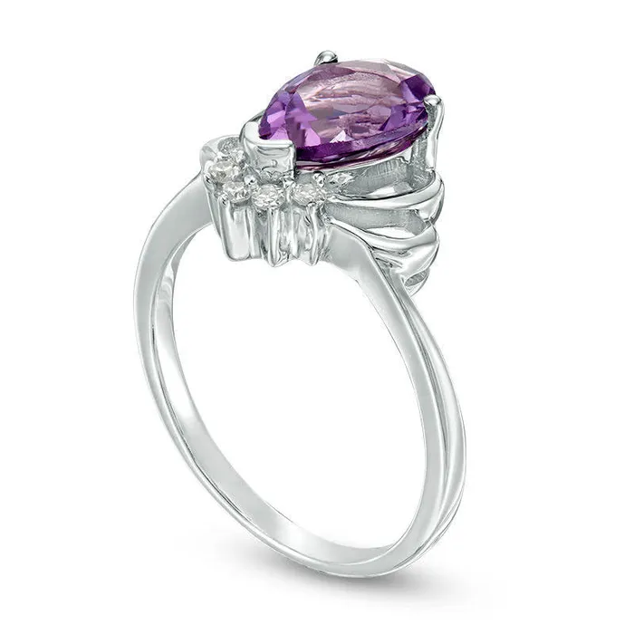 PearShaped Amethyst and 007 CT TW Natural Diamond Crown Ring in Sterling Silver Goldia Rings PearShaped Amethyst and 007 CT TW Natural Diamond Crown Ring in Sterling Silver Goldia Rings