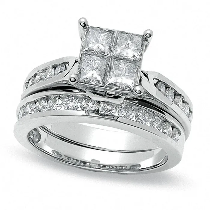 Previously Owned 20 CT TW Quad PrincessCut Natural Diamond Bridal Engagement Ring Set in Solid 14K White Gold Goldia Rings Previously Owned 20 CT TW Quad PrincessCut Natural Diamond Bridal Engagement Ring Set in Solid 14K White Gold Goldia Rings