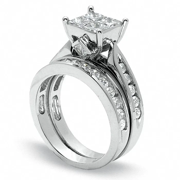 Previously Owned 20 CT TW Quad PrincessCut Natural Diamond Bridal Engagement Ring Set in Solid 14K White Gold Goldia Rings Previously Owned 20 CT TW Quad PrincessCut Natural Diamond Bridal Engagement Ring Set in Solid 14K White Gold Goldia Rings