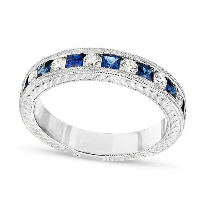 PrincessCut Blue Sapphire and 025 CT TW Natural Diamond Band in Solid 14K White Gold Goldia Rings PrincessCut Blue Sapphire and 025 CT TW Natural Diamond Band in Solid 14K White Gold Goldia Rings