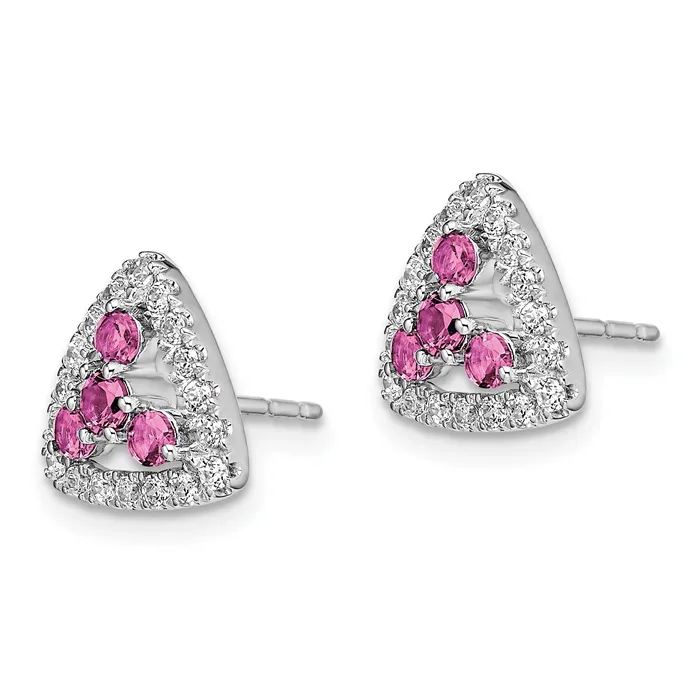 Pure Serenity 14k White Gold 38 Ct Lab Grown Diamond VSSI G and Lab Created Pink Sapphire Triangle Post Earrings Goldia Earrings