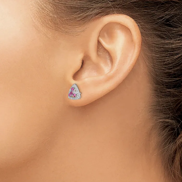 Pure Serenity 14k White Gold 38 Ct Lab Grown Diamond VSSI G and Lab Created Pink Sapphire Triangle Post Earrings Goldia Earrings