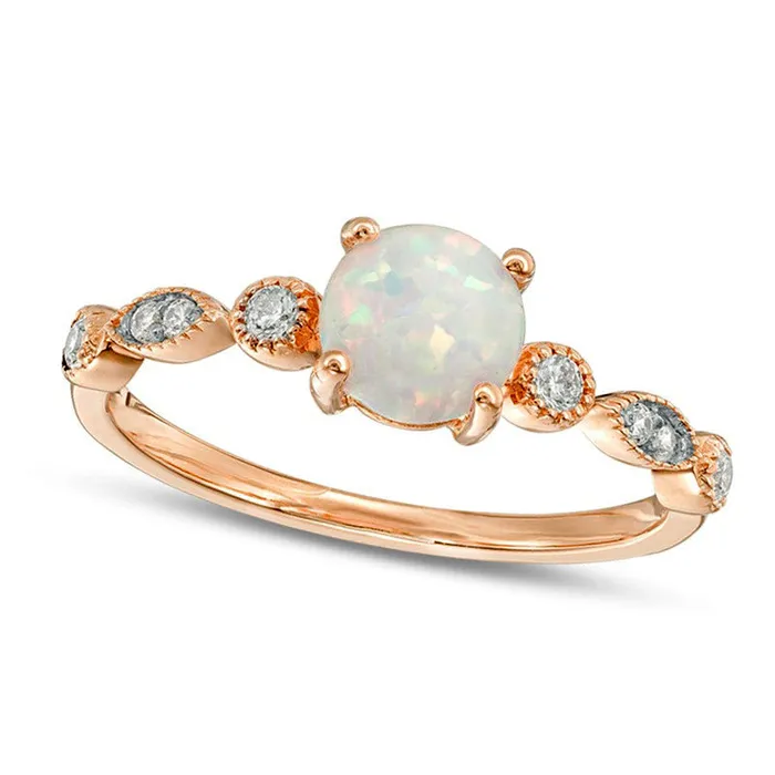 Rings 60mm LabCreated Opal and 010 CT TW Diamond Antique VintageStyle Ring in Solid 10K Rose Gold Goldia Rings 60mm LabCreated Opal and 010 CT TW Diamond Antique VintageStyle Ring in Solid 10K Rose Gold Goldia