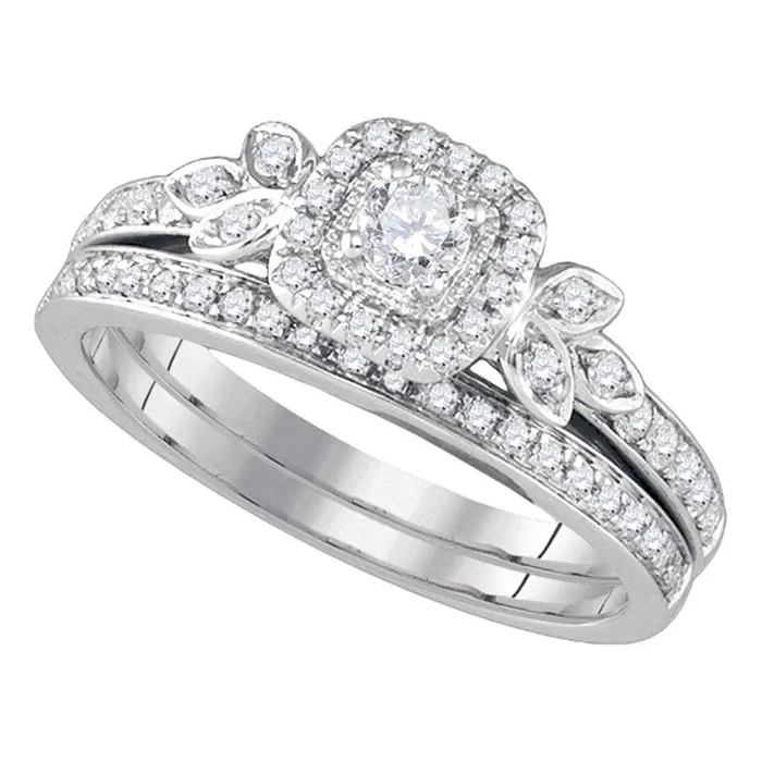 Rings gndatlanta 14k White Gold Round Diamond Floral Halo Bridal Wedding Ring Set 12 Cttw Rings gndatlanta 14k White Gold Round Diamond Floral Halo Bridal Wedding Ring Set 12 Cttw