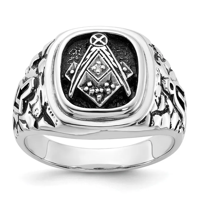 Rings Goldia 14k White Gold Mens Polished and Textured with Black Enamel and AA Quality Diamonds Masonic Ring Rings Goldia 14k White Gold Mens Polished and Textured with Black Enamel and AA Quality Diamonds Masonic Ring