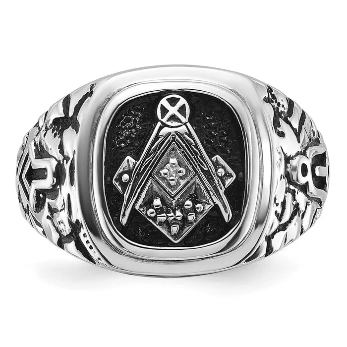 Rings Goldia 14k White Gold Mens Polished and Textured with Black Enamel and AA Quality Diamonds Masonic Ring