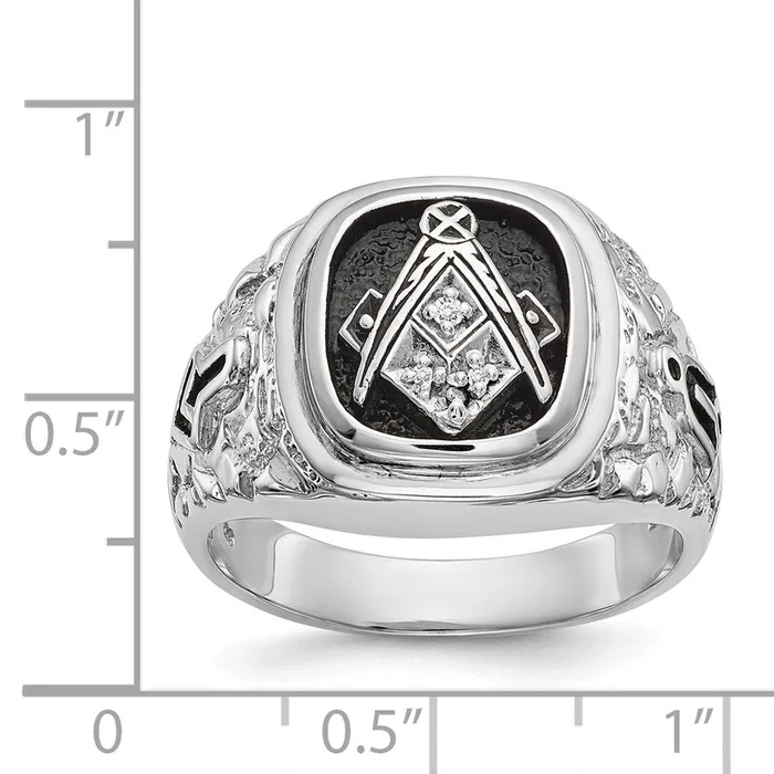 Rings Goldia 14k White Gold Mens Polished and Textured with Black Enamel and AA Quality Diamonds Masonic Ring