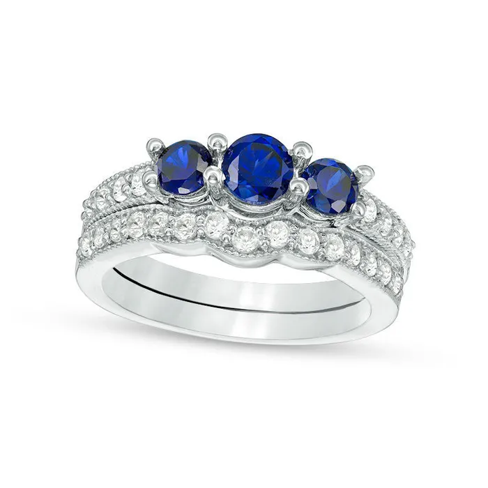 Rings Goldia 45mm LabCreated Blue and White Sapphire Three Stone Bridal Engagement Ring Set in Sterling Silver Rings Goldia 45mm LabCreated Blue and White Sapphire Three Stone Bridal Engagement Ring Set in Sterling Silver