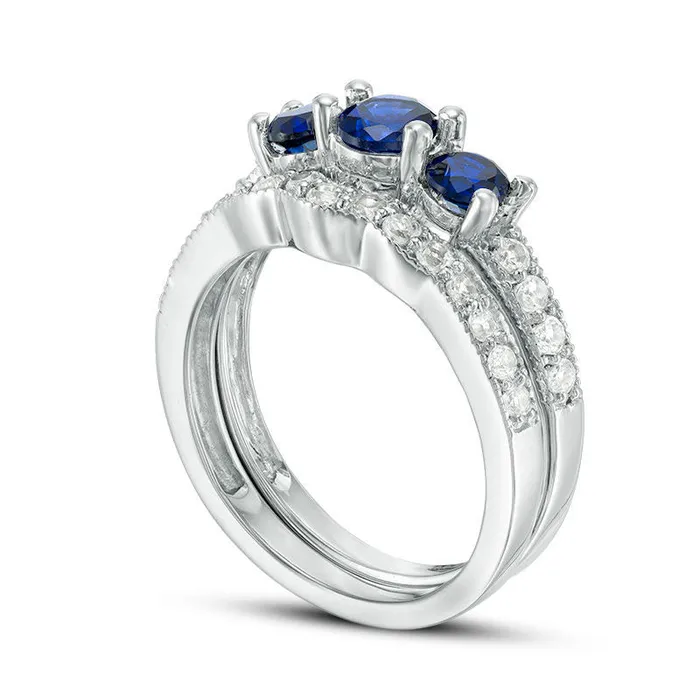 Rings Goldia 45mm LabCreated Blue and White Sapphire Three Stone Bridal Engagement Ring Set in Sterling Silver Rings Goldia 45mm LabCreated Blue and White Sapphire Three Stone Bridal Engagement Ring Set in Sterling Silver