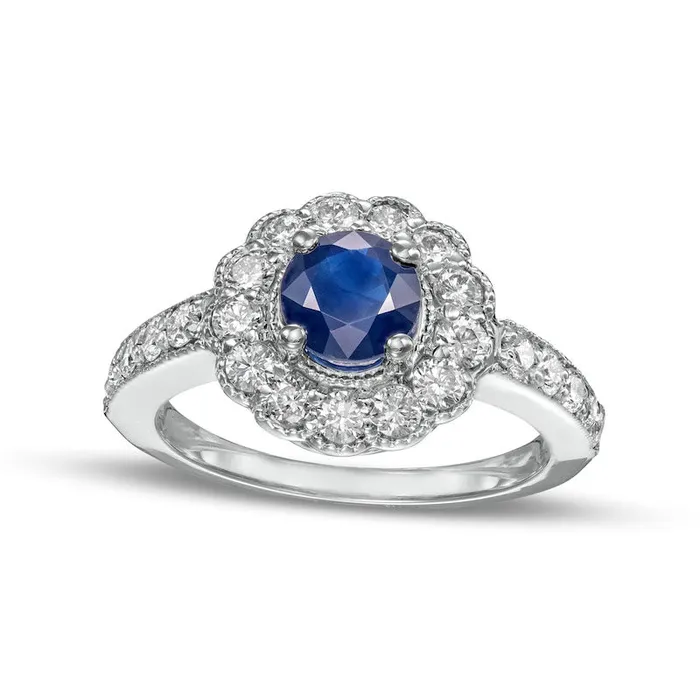 Rings Goldia Blue Sapphire and 088 CT TW Natural Diamond Flower Frame Antique VintageStyle Ring in Solid 14K White Gold Rings Goldia Blue Sapphire and 088 CT TW Natural Diamond Flower Frame Antique VintageStyle Ring in Solid 14K White Gold