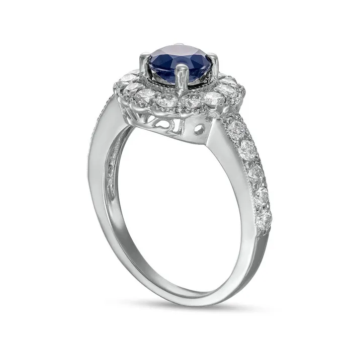 Rings Goldia Blue Sapphire and 088 CT TW Natural Diamond Flower Frame Antique VintageStyle Ring in Solid 14K White Gold Rings Goldia Blue Sapphire and 088 CT TW Natural Diamond Flower Frame Antique VintageStyle Ring in Solid 14K White Gold