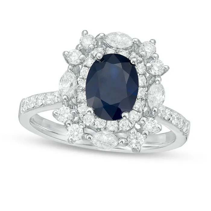 Rings Goldia Oval Blue Sapphire and 10 CT TW Natural Diamond CushionShape Starburst Frame Antique VintageStyle Ring in Solid 14K White Gold Rings Goldia Oval Blue Sapphire and 10 CT TW Natural Diamond CushionShape Starburst Frame Antique VintageStyle Ring in Solid 14K White Gold
