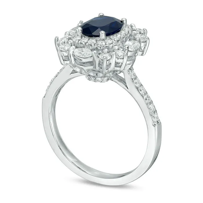 Rings Goldia Oval Blue Sapphire and 10 CT TW Natural Diamond CushionShape Starburst Frame Antique VintageStyle Ring in Solid 14K White Gold Rings Goldia Oval Blue Sapphire and 10 CT TW Natural Diamond CushionShape Starburst Frame Antique VintageStyle Ring in Solid 14K White Gold