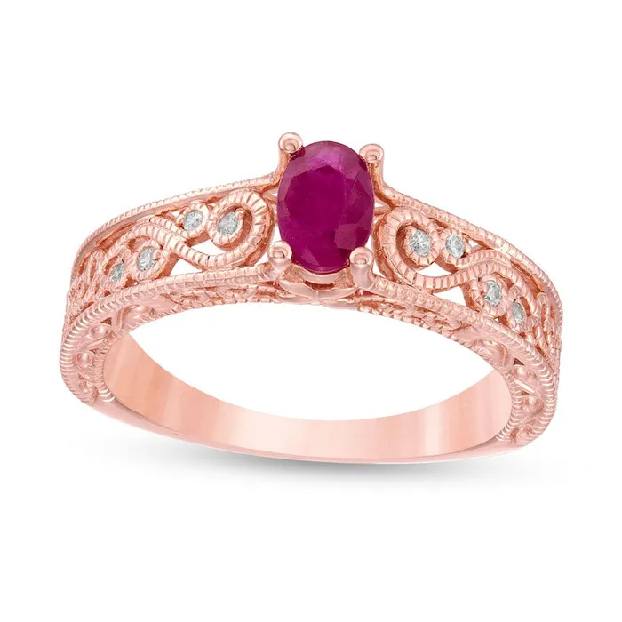 Rings Goldia Oval Ruby and 005 CT TW Natural Diamond Scroll Open Shank Antique VintageStyle Ring in Solid 10K Rose Gold Rings Goldia Oval Ruby and 005 CT TW Natural Diamond Scroll Open Shank Antique VintageStyle Ring in Solid 10K Rose Gold