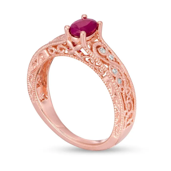 Rings Goldia Oval Ruby and 005 CT TW Natural Diamond Scroll Open Shank Antique VintageStyle Ring in Solid 10K Rose Gold Rings Goldia Oval Ruby and 005 CT TW Natural Diamond Scroll Open Shank Antique VintageStyle Ring in Solid 10K Rose Gold