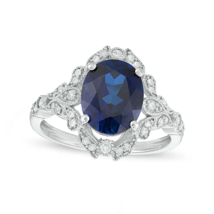 Rings Oval LabCreated Blue Sapphire and 020 CT TW Diamond Antique VintageStyle Frame Ring in Solid 10K White Gold Goldia