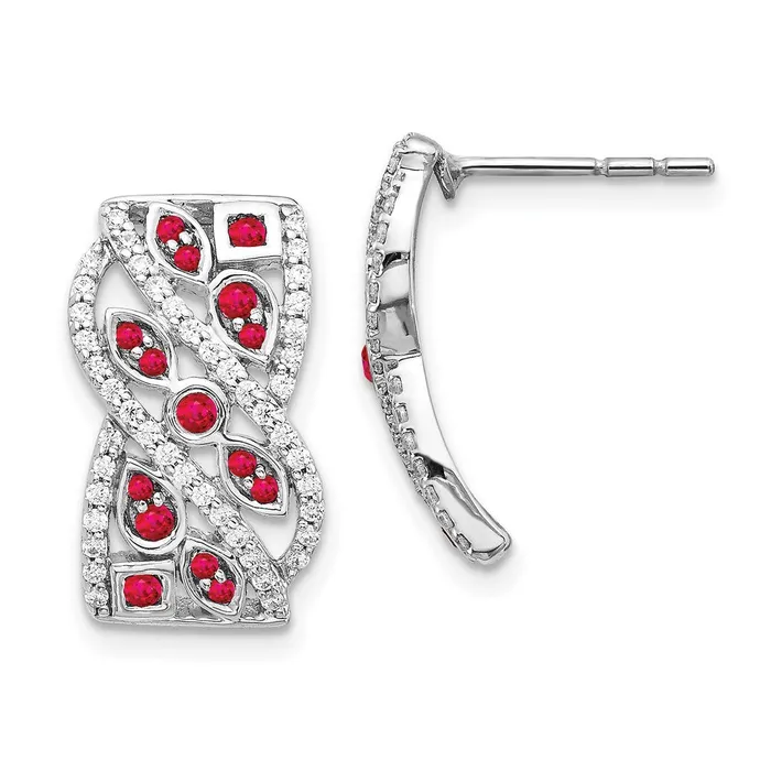 Solid 14k White Gold Simulated CZ Ruby Fancy Earrings Goldia Earrings