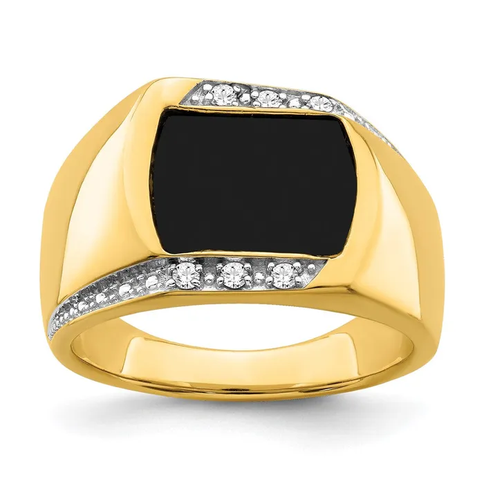 Solid 14k Yellow Gold Simulated Onyx and CZ Mens Ring Goldia Rings