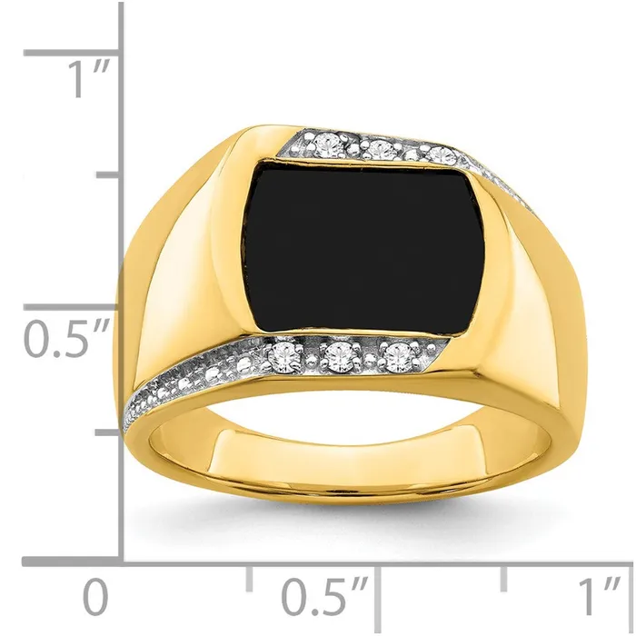 Solid 14k Yellow Gold Simulated Onyx and CZ Mens Ring Goldia Rings