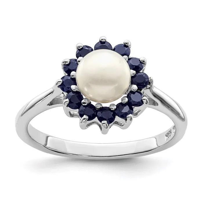 Sterling Silver Rhod 6mm FW Cultured Button Pearl u0026 Sapphire Ring Goldia Rings Sterling Silver Rhod 6mm FW Cultured Button Pearl u0026 Sapphire Ring Goldia Rings