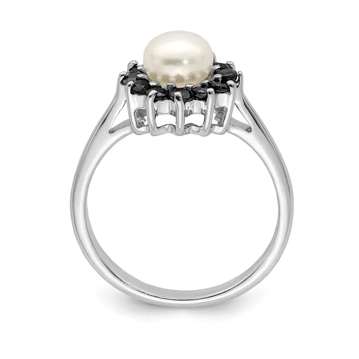 Sterling Silver Rhod 6mm FW Cultured Button Pearl u0026 Sapphire Ring Goldia Rings