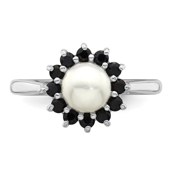 Sterling Silver Rhod 6mm FW Cultured Button Pearl u0026 Sapphire Ring Goldia Rings