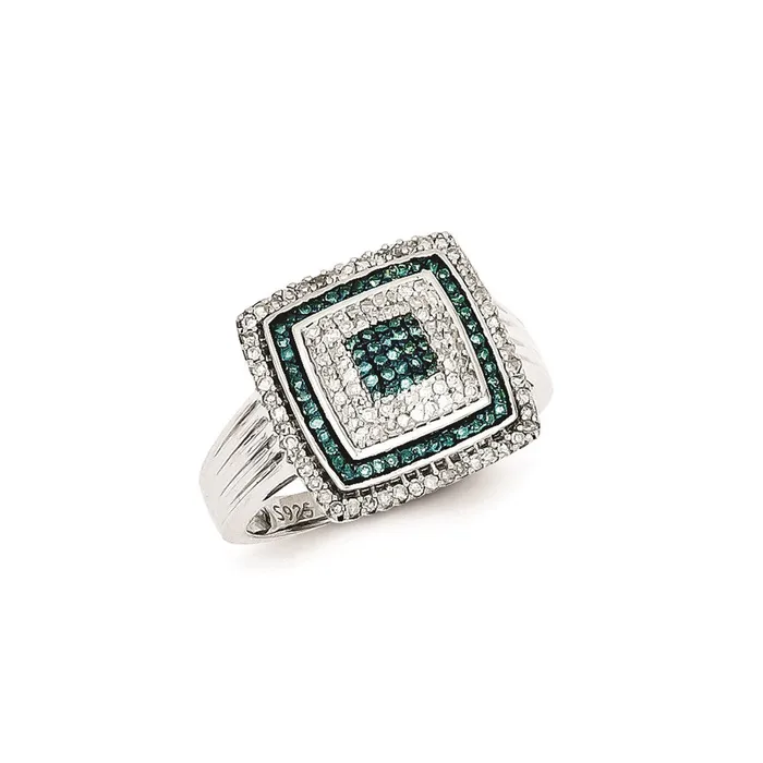 Sterling Silver Rhodium Plated Blue and White Diamond Square Ring Goldia Rings Sterling Silver Rhodium Plated Blue and White Diamond Square Ring Goldia Rings