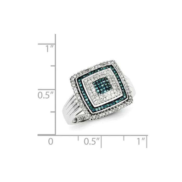 Sterling Silver Rhodium Plated Blue and White Diamond Square Ring Goldia Rings