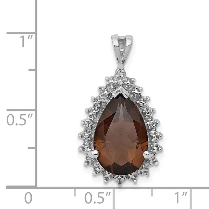 Sterling Silver Rhodium Plated Smoky Quartz and Diamond Pear Pendant Goldia Necklaces
