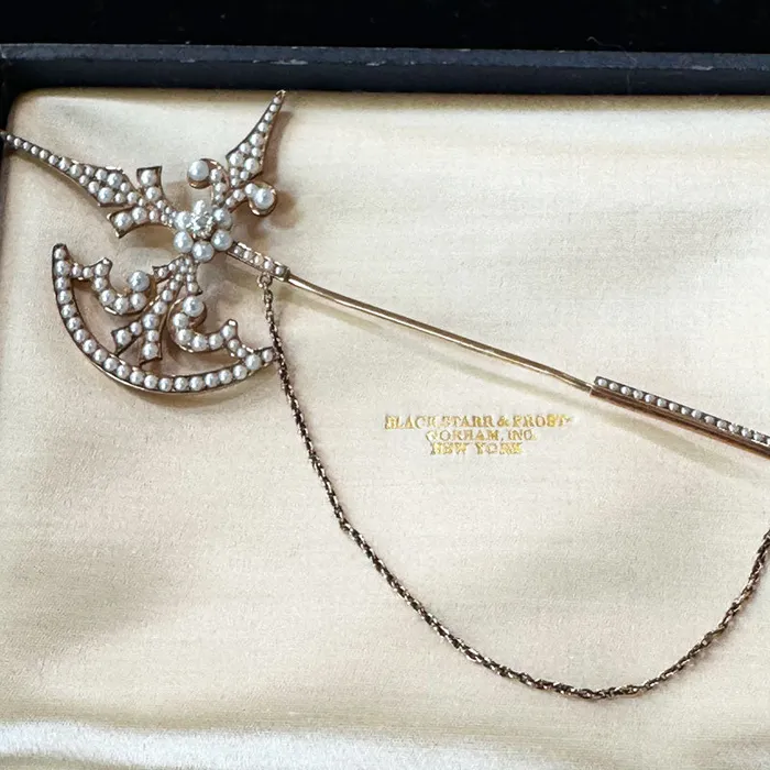 14 Karat Yellow Gold Battle Ax Cloak Pin w Seed Pearls 54800392 ONeills Estate Jewelry PreStyled Sets