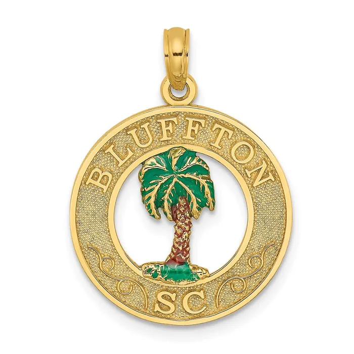 14K BLUFFTON SC Circle Enameled Palm Tree Charm TreasureFineJewelers Charm Necklaces 14K BLUFFTON SC Circle Enameled Palm Tree Charm TreasureFineJewelers Charm Necklaces