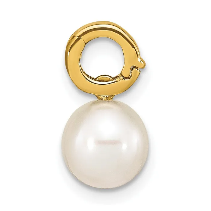14k Yellow Gold 78mm White Round Freshwater Cultured Pearl Hinged Bail Charm TreasureFineJewelers Earrings