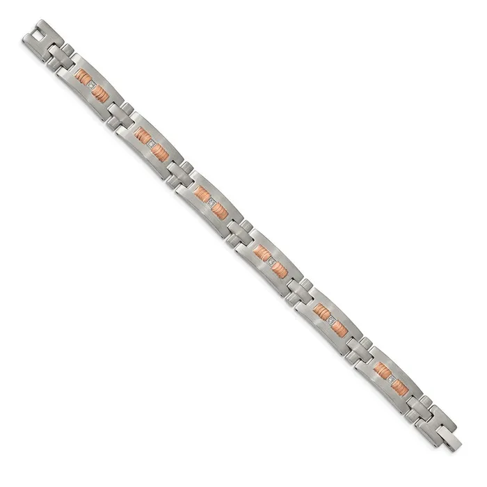 Bracelets TreasureFineJewelers Chisel Stainless Steel Brushed and Textured Rose IPplated with CZ 85 inch Link Bracelet