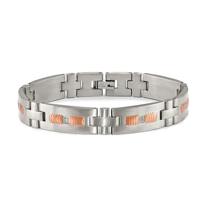 Bracelets TreasureFineJewelers Chisel Stainless Steel Brushed and Textured Rose IPplated with CZ 85 inch Link Bracelet