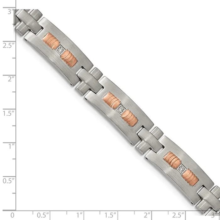 Bracelets TreasureFineJewelers Chisel Stainless Steel Brushed and Textured Rose IPplated with CZ 85 inch Link Bracelet