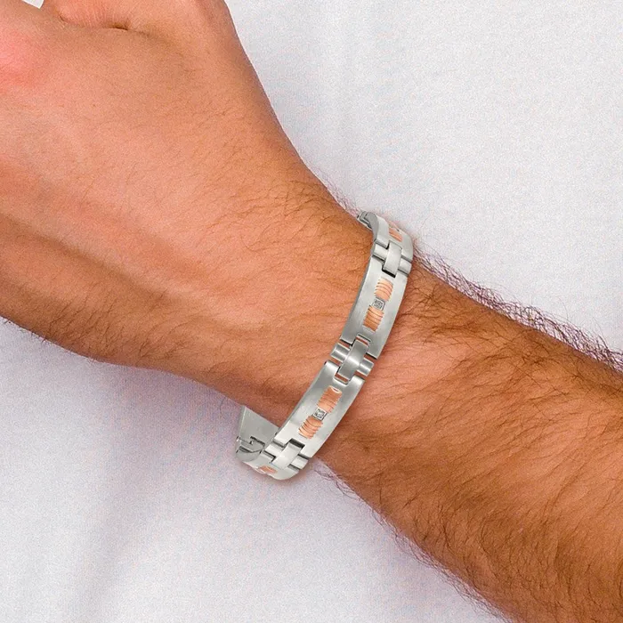 Bracelets TreasureFineJewelers Chisel Stainless Steel Brushed and Textured Rose IPplated with CZ 85 inch Link Bracelet
