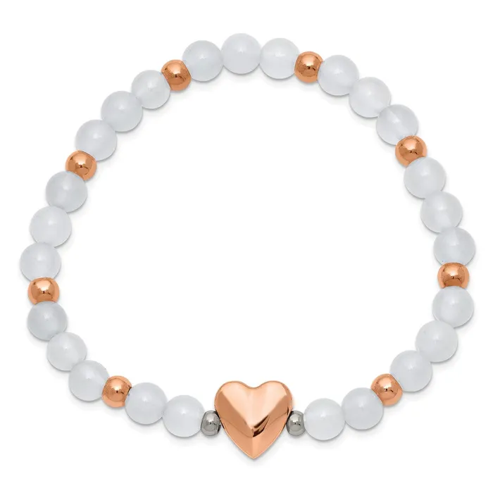 Bracelets TreasureFineJewelers Chisel Stainless Steel Polished Rose IPplated Heart 6mm White Agate Beaded Stretch Bracelet
