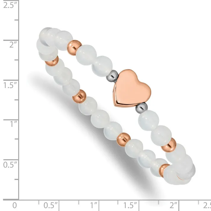 Bracelets TreasureFineJewelers Chisel Stainless Steel Polished Rose IPplated Heart 6mm White Agate Beaded Stretch Bracelet