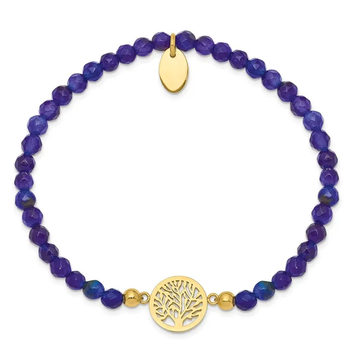 Bracelets TreasureFineJewelers Chisel Stainless Steel Polished Yellow IPplated Tree of Life 4mm Blue Jade Beaded Stretch Bracelet