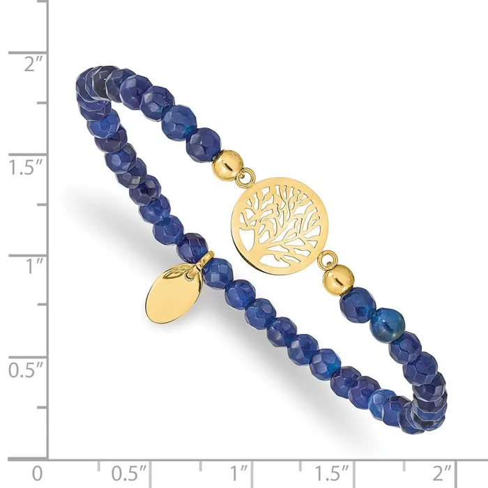 Bracelets TreasureFineJewelers Chisel Stainless Steel Polished Yellow IPplated Tree of Life 4mm Blue Jade Beaded Stretch Bracelet